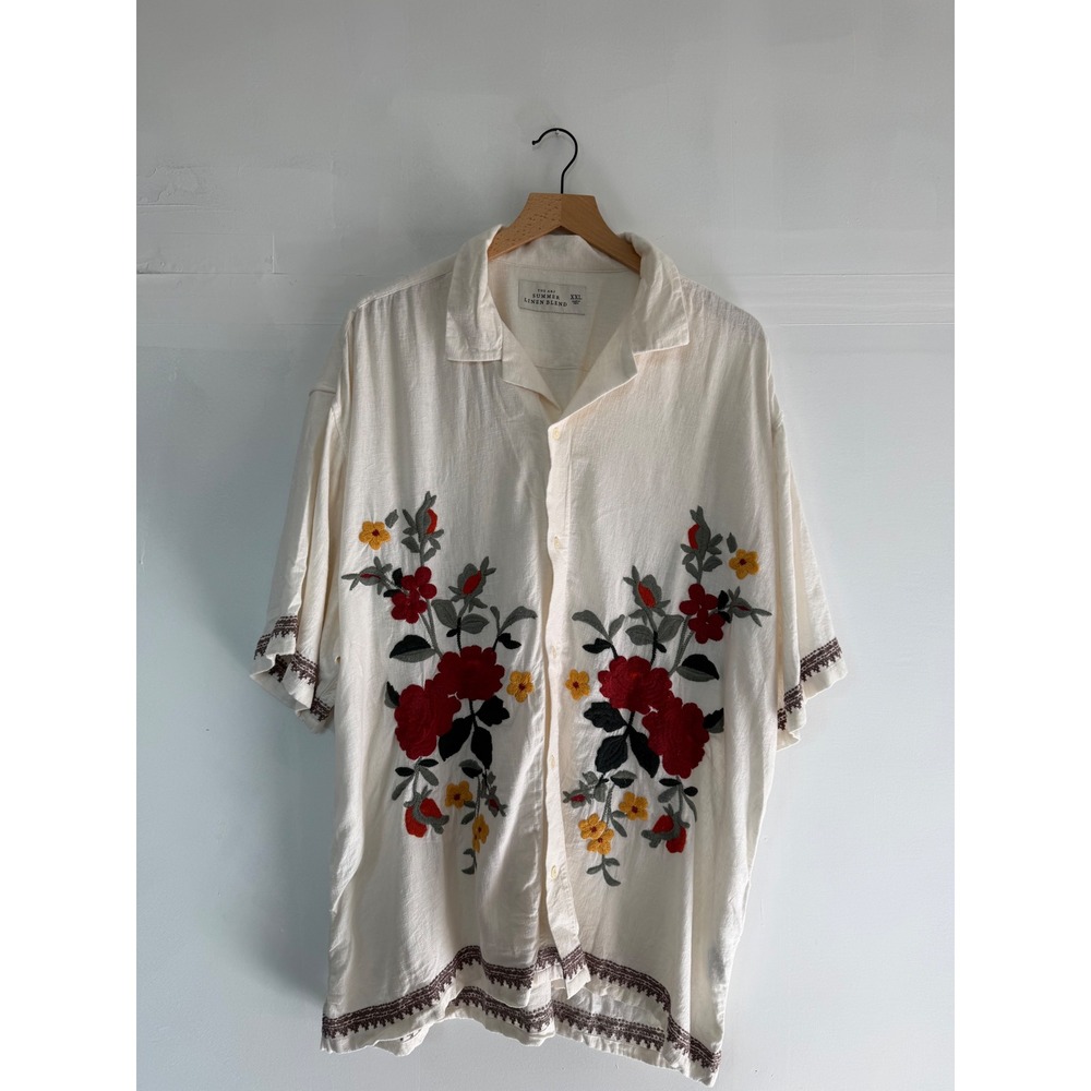 Abercrombie & Fitch Mens XXL Linen Blend Floral Embroidered Camp Shirt Cream